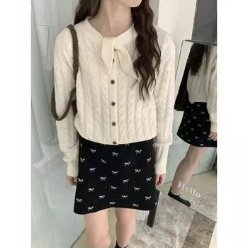 Женский кардиган из чистой шерсти в стиле ретро 2024 года, осенне-зимний свитер с ленточным узором из цельной шерсти для женщин One size (80~ 70 kg) белый