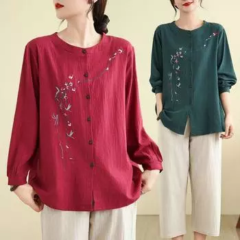 Женский кардиган из хлопка и льна среднего размера, футболка с длинными рукавами, вышитый топ в этническом стиле, свободные блузки в китайском стиле, рубашки L темно-зеленого