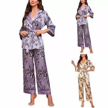 Женский кардиган из искусственного шелка, халат на шнуровке и пижама, элитный комплект домашней одежды L фиолетовый