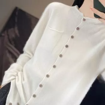 Женский кардиган из кашемира с круглым вырезом, кашемир Qinghe, 100% шерсть, зимний вязаный пуловер, осенний свитер, кашемировый свитер XL белый