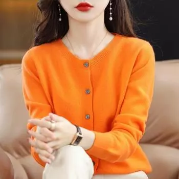 Женский кардиган из кашемира с круглым вырезом, 100% мериносовая шерсть, свитер с длинным рукавом на пуговицах, трикотаж для весны и осени, однотонная базовая верхняя одежда XXL