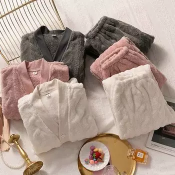 Женский кардиган из кораллового флиса, пижамные штаны, сексуальный пижамный костюм с V-образным вырезом, однотонная домашняя одежда, зимняя теплая фланелевая пижама M белый
