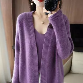 Женский кардиган из шерстяного трикотажа, весна и осень 2025, новый поступление, легко сочетается с пальто, жилетом, костюм-двойка, кашемировый свитер, шаль Purple 3XL(72.50 kg-80.00 kg)