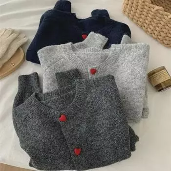 Женский кардиган из темно-серой шерсти в стиле ретро — уютный вязаный свитер с пуговицами Love и рукавами реглан для осени/зимы One Size (Suitable for 85-120 kg)