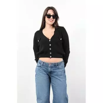 Женский кардиган из трикотажа с пуговицами и кристаллами и V-образным вырезом Черный