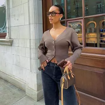Женский кардиган Элегантный винтажный вязаный однобортный свитер с V-образным вырезом и длинным рукавом Осень-зима Тонкий однотонный трикотаж S кофейный