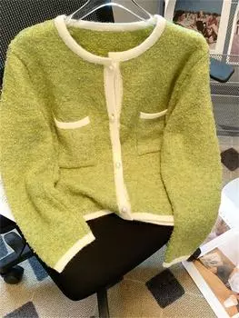 Женский кардиган контрастного цвета, осенне-зимний модный винтажный однобортный вязаный кардиган, шикарный свитер с карманами One Size розовый