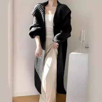 Женский кардиган крупной вязки: Длинное пальто-свитер из грубой пряжи, свободного покроя, свободного кроя, с большими лацканами. покинуть белый