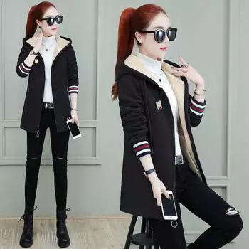 Женский кардиган-куртка из овечьего бархата средней длины с капюшоном на осень и зиму XXXXL чёрный