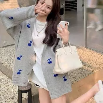 Женский кардиган Lazy Cherry с v-образным вырезом, вязаный свитер, женский весенне-осенний повседневный свитер с длинными рукавами, кардиган, пальто One Size серый