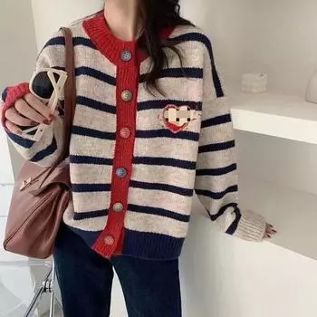 Женский кардиган Love в полоску с вышивкой в корейском стиле 2023 года, осень/зима One size 80-130 белый