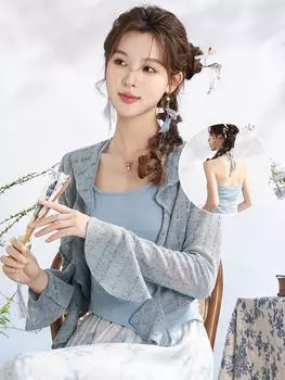 Женский кардиган Mishow, новинка 2024 года, элегантный однотонный свободный дизайн с рюшами + синий жилет с воротником-халтер MXD13Z0407 S