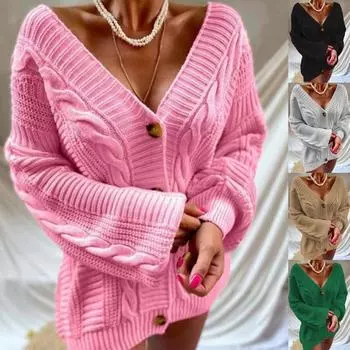 Женский кардиган, модный однотонный повседневный вязаный свитер на пуговицах спереди с длинным рукавом, верхняя одежда, осенне-зимний свитер, пальто M серый