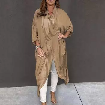 Женский кардиган, модный женский тонкий свободный солнцезащитный крем с v-образным вырезом, длинное пальто, уличная одежда для повседневной носки 2XL серый