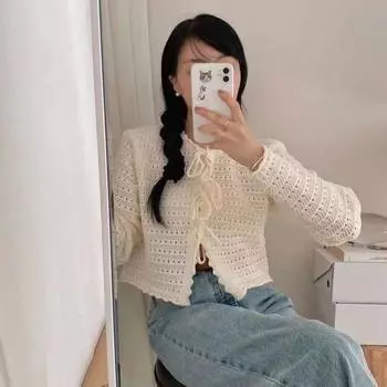 Женский кардиган на бретельках в стиле Pure Desire, осень 2023, новый ажурный вязаный свитер с круглым вырезом, однотонный свитер с длинными рукавами, женский кардиган