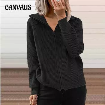 Женский кардиган на молнии больших размеров средней длины в полоску, свободный свитер с длинными рукавами и лацканами S чёрный