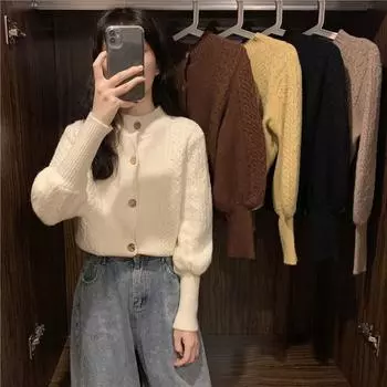 Женский кардиган на весну и осень 2023, свитер с длинными рукавами и жареным тестом, кардиган, свободный топ, короткое вязаное пальто для женщин One Size чёрный