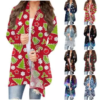 Женский кардиган необычной формы с длинными рукавами и карманами с рождественским принтом XXL темно-зеленого