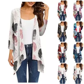 Женский кардиган неправильной формы с градиентным принтом и рукавами три четверти, куртка с карманами XXL синий