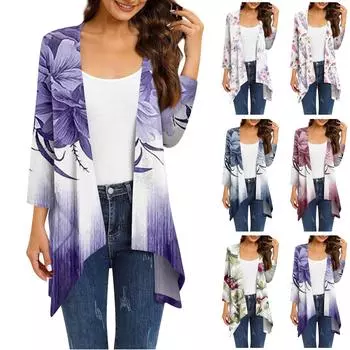 Женский кардиган неправильной формы с градиентным принтом и рукавами три четверти, куртка с карманами L