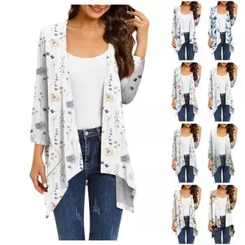 Женский кардиган неправильной формы с принтом, рукавами три четверти и карманной курткой L синий
