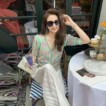 Женский кардиган, новинка 2022 года, летний ретро-свитер с v-образным вырезом, тонкий вязаный кардиган с короткими рукавами, куртка-свитер One Size зелёный