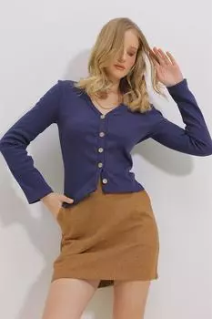 Женский кардиган, новый сезон, модный темно-синий вязаный кардиган с v-образным вырезом на пуговицах и пуговицами