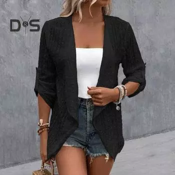Женский кардиган, однотонное, с длинными рукавами, нерегулярное, с открытой строчкой, свободное, мягкое, дышащее, повседневное, полое, женское, весенне-осеннее пальто 2XL чёрный