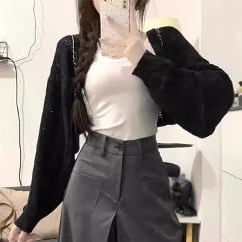 Женский кардиган однотонный полый свободный повседневный трикотажный солнцезащитный кардиган One Size чёрный