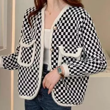 Женский кардиган, осень-зима 2023, корейский свободный кардиган с v-образным вырезом, маленький ретро-кардиган с длинными рукавами, женский топ One Size чёрный