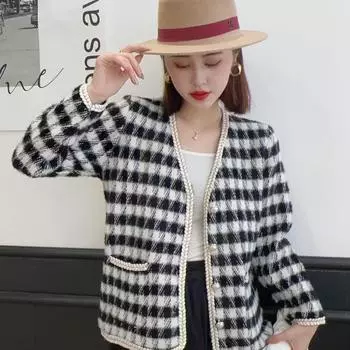 Женский кардиган, осень-зима 2023, повседневный свободный и нежный вязаный кардиган с v-образным вырезом, новый клетчатый свитер с длинными рукавами, женское пальто