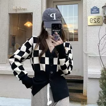 Женский кардиган, осенне-зимний свитер, пальто, клетчатый свитер на талии, тонкий, темпераментный, универсальный вязаный кардиган, свитер