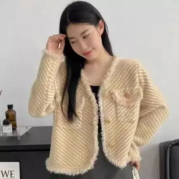 Женский кардиган, осенняя верхняя одежда со свободными заграничными бархатными кисточками из искусственной норки, высококачественное вязаное женское пальто с v-образным вырезом One Size чёрный