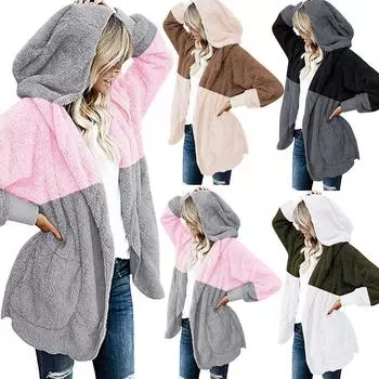 Женский кардиган оверсайз с открытым передним капюшоном и драпированными карманами 5XL