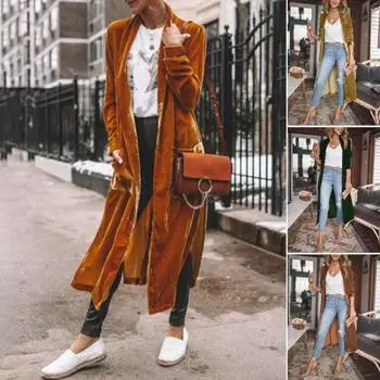 Женский кардиган, пальто с лацканами, длинный рукав, открытая передняя часть, золотистая бархатная ткань, куртка, однотонная, средней длины, верхняя одежда M