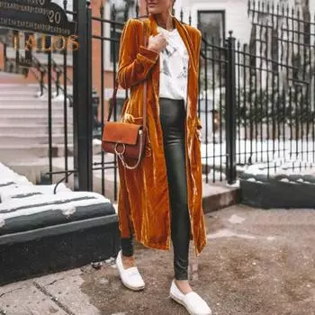 Женский кардиган, пальто с лацканами, длинный рукав, открытая передняя часть, золотистая бархатная ткань, куртка, однотонная, средней длины, верхняя одежда M темно-коричневого