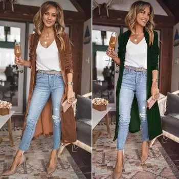 Женский кардиган, пальто с лацканами, длинный рукав, открытая передняя часть, золотистая бархатная ткань, куртка, однотонная, средней длины, верхняя одежда S