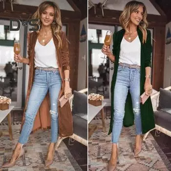 Женский кардиган, пальто с лацканами, длинный рукав, открытая передняя часть, золотистая бархатная ткань, куртка, однотонная, средней длины, верхняя одежда S темно-коричневого