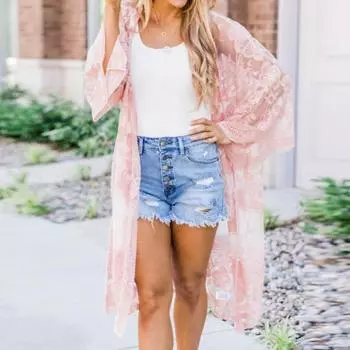 Женский кардиган, прозрачная тонкая кружевная вышивка, рукав три четверти, сплошной цвет, длина MIF, свободная открытая строчка, женское пляжное прикрытие для отпуска розовый