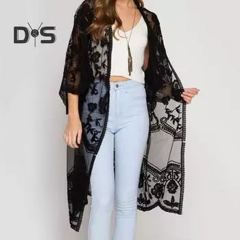 Женский кардиган, прозрачная тонкая кружевная вышивка, рукав три четверти, сплошной цвет, длина MIF, свободная открытая строчка, женское пляжное прикрытие для отпуска чёрный