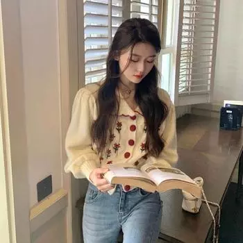 Женский кардиган ранней весны 2022, французский сладкий свитер с воротником, шикарный топ, дизайнерский свитер с вышивкой, вязаный женский кардиган One Size белый