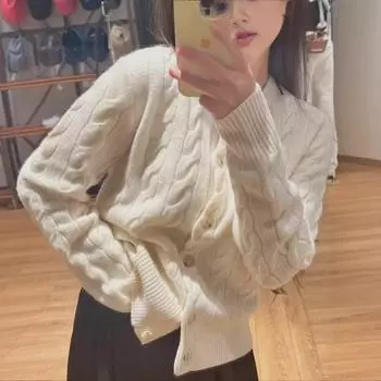 Женский кардиган RL Raff Embroidered Cardigan - утолщенный перекрученный свитер с круглым вырезом на осень/зиму M миндальный/кремовый