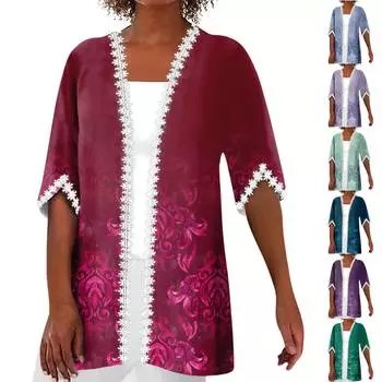 Женский кардиган, рубашка, блузка, верхняя одежда, однотонные, с рукавами до локтя, повседневные праздничные базовые кружевные топы XL синий