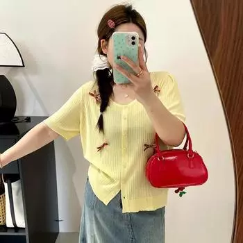 Женский кардиган с бантом большого размера, летний свободный вязаный свитер с короткими рукавами XL чёрный