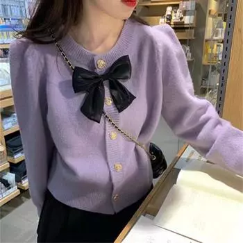 Женский кардиган с бантом и пуговицами в форме сердца, свободный однотонный, с длинными рукавами, с круглым вырезом, однобортный женский топ One Size чёрный