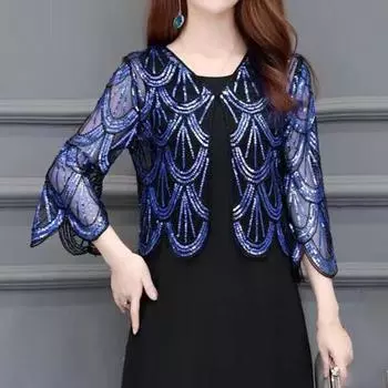 Женский кардиган с блестками, прозрачная сетка, свободные рукава с половиной рукава, симметричный тонкий V-образный вырез для выпускного, вечерние, летняя верхняя одежда, пальто золотистый