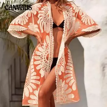 Женский кардиган с большим цветком и вышивкой, оранжевое платье-сари, кардиган, пляжная накидка, кардиган с вышивкой