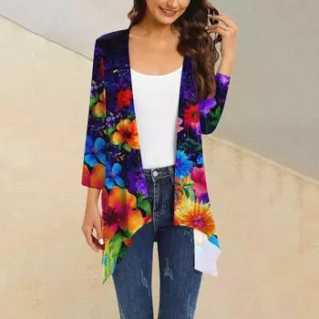 Женский кардиган с цветочным принтом неправильной формы, рукавом 3/4, повседневная накидка с карманами L фиолетовый
