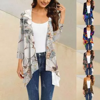 Женский кардиган с цветочным принтом неправильной формы, рукавом 3/4, повседневная накидка с карманами M хаки