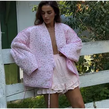 Женский кардиган с цветочным принтом, симпатичное розовое женское пальто со шнуровкой, повседневное свободное осеннее теплое пальто, модные новые женские пальто, верхняя одежда S розовый